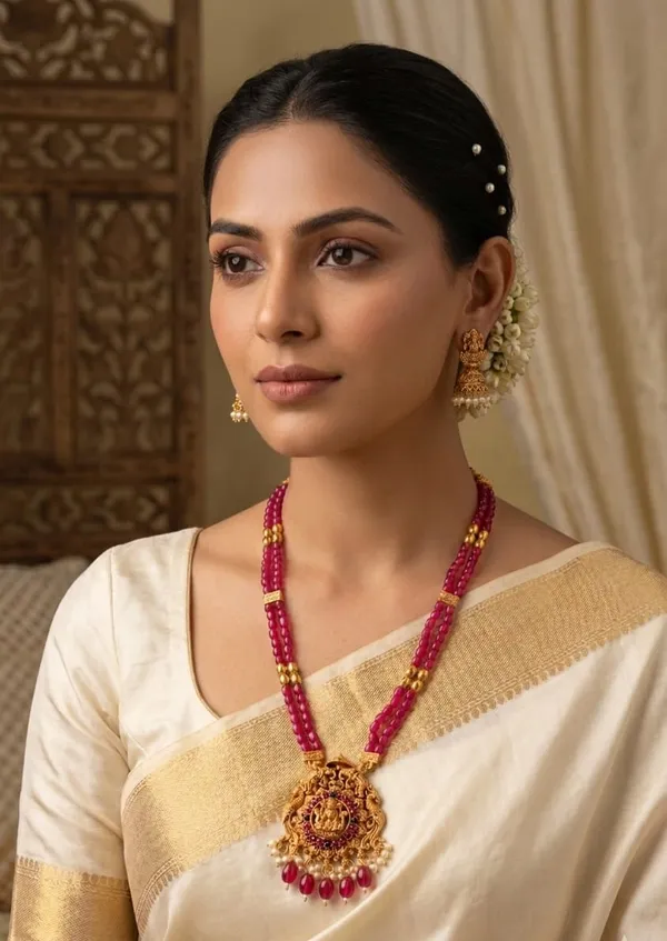 Lakshmi_Devi_Pendant_With_Two_Line_Tumble_Golden_Long_Set_For_Women
