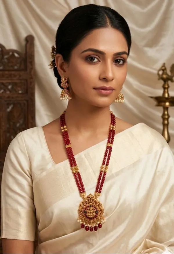 Lakshmi_Devi_Pendant_With_Two_Line_Tumble_Golden_Long_Set_For_Women