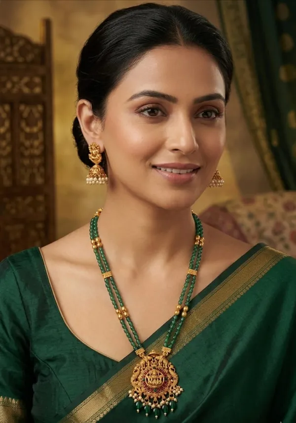 Lakshmi_Devi_Pendant_With_Two_Line_Tumble_Golden_Long_Set_For_Women