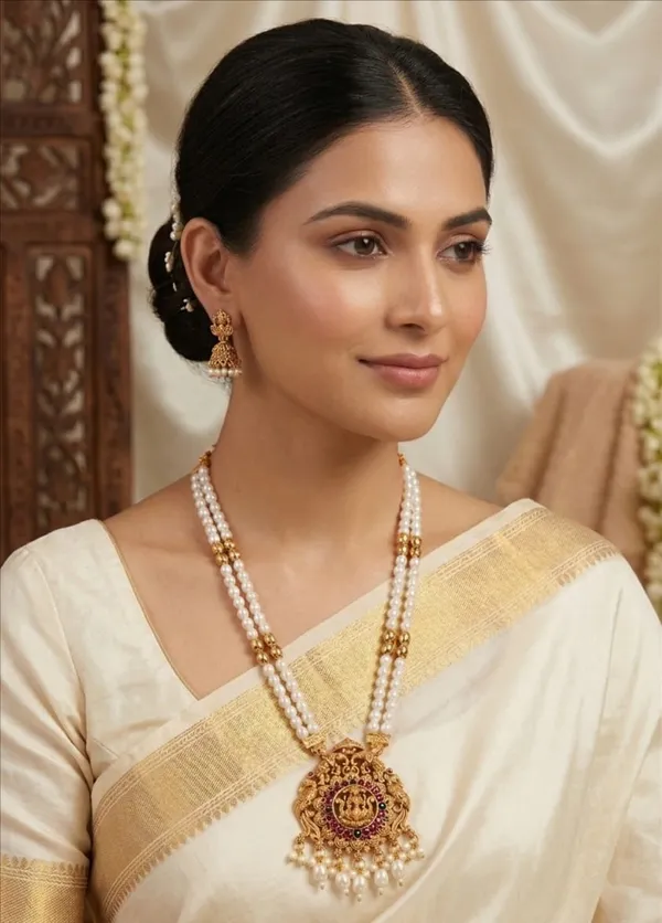 Lakshmi_Devi_Pendant_With_Two_Line_Tumble_Golden_Long_Set_For_Women