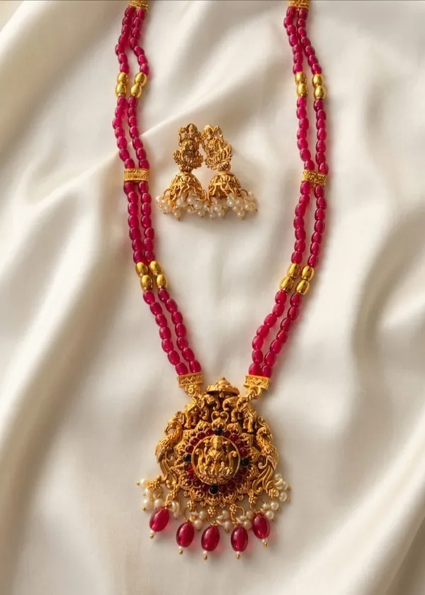 Lakshmi_Devi_Pendant_With_Two_Line_Tumble_Golden_Long_Set_For_Women