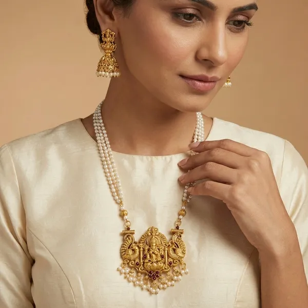 Temple_Gold_Plated_South_Indian_Lakshmi_Pendant_Pearl_Long_Necklace_With_Jhumka_Earrings_Traditional_Fashion_Jewellery_Set_For_Women