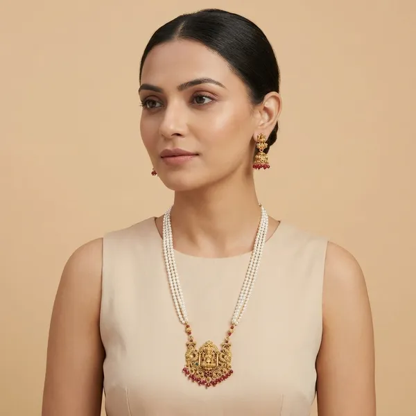 Temple_Gold_Plated_South_Indian_Lakshmi_Pendant_Pearl_Long_Necklace_With_Jhumka_Earrings_Traditional_Fashion_Jewellery_Set_For_Women