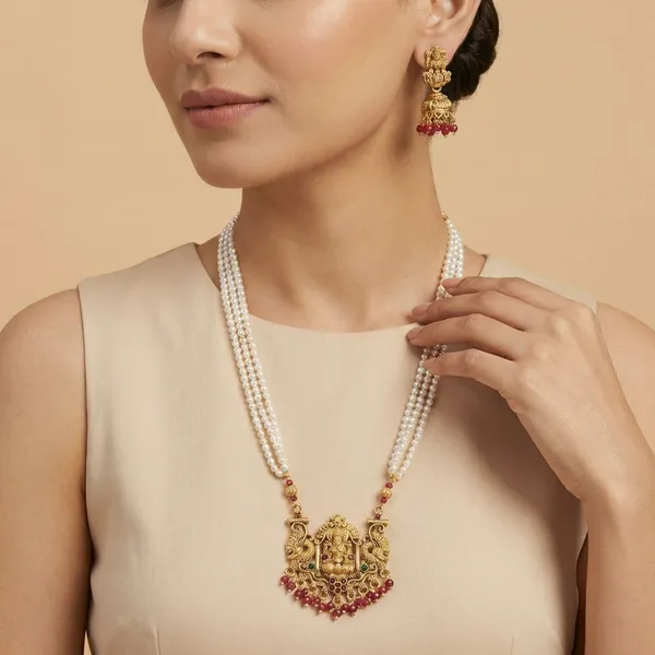 Temple_Gold_Plated_South_Indian_Lakshmi_Pendant_Pearl_Long_Necklace_With_Jhumka_Earrings_Traditional_Fashion_Jewellery_Set_For_Women