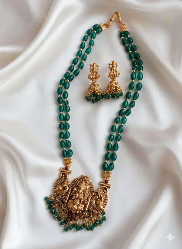 Traditional_South_Indian_Temple_Jewellery_Lakshmi_Pendant_Necklace_Set_With_2_Line_Red_Tumble_Beads_Mala_Matching_Jhumka_Earrings_For_Women