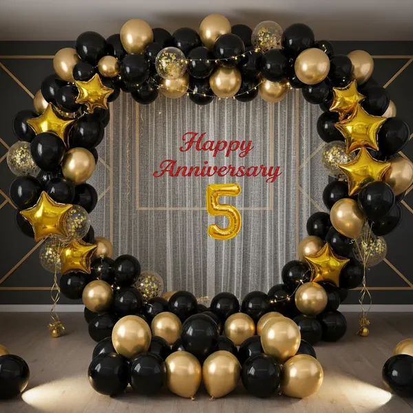 5th_Anniversary_Combo_Decoration_Kit_52_Pcs_Black_Gold_Theme_With_Curtain