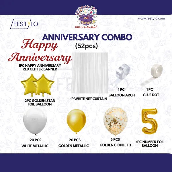 5th_Anniversary_Combo_Decoration_Kit_52_Pcs_White_Gold_Theme_With_Curtain