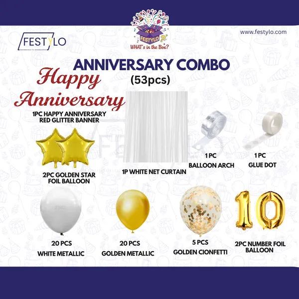 10th_Anniversary_Combo_Decoration_Kit_53_Pcs_White_Gold_Theme_With_Curtain
