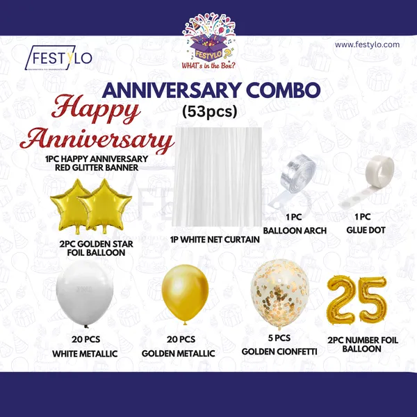 25th_Anniversary_Combo_Decoration_Kit_53_Pcs_White_Gold_Theme_With_Curtain