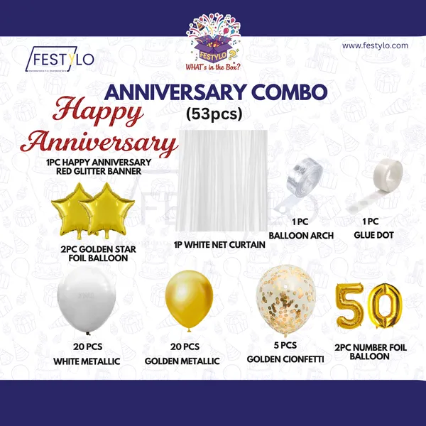 50th_Anniversary_Combo_Decoration_Kit_53_Pcs_White_Gold_Theme_With_Curtain