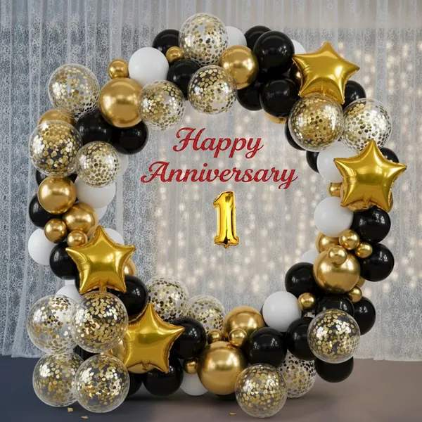 1st_Anniversary_Combo_Decoration_Kit_72_Pcs_Black_White_Gold_Theme_With_Curtain