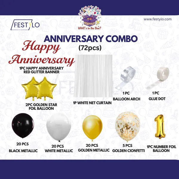 1st_Anniversary_Combo_Decoration_Kit_72_Pcs_Black_White_Gold_Theme_With_Curtain