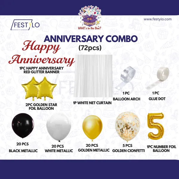5th_Anniversary_Combo_Decoration_Kit_72_Pcs_Black_White_Gold_Theme_With_Curtain