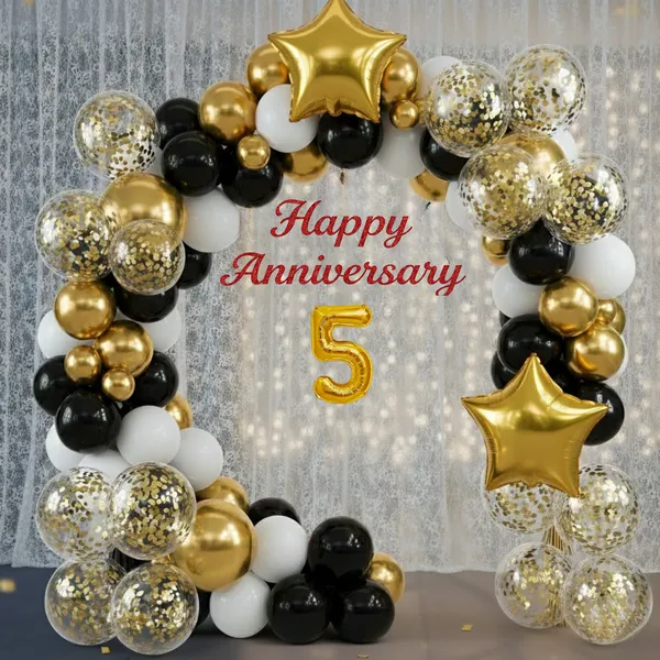 5th_Anniversary_Combo_Decoration_Kit_72_Pcs_Black_White_Gold_Theme_With_Curtain