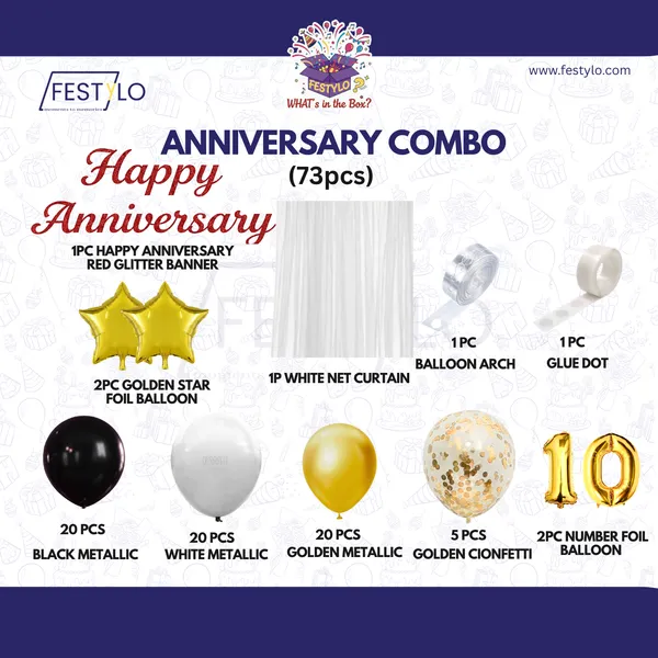 10th_Anniversary_Combo_Decoration_Kit_73_Pcs_Black_White_Gold_Theme_With_Curtain