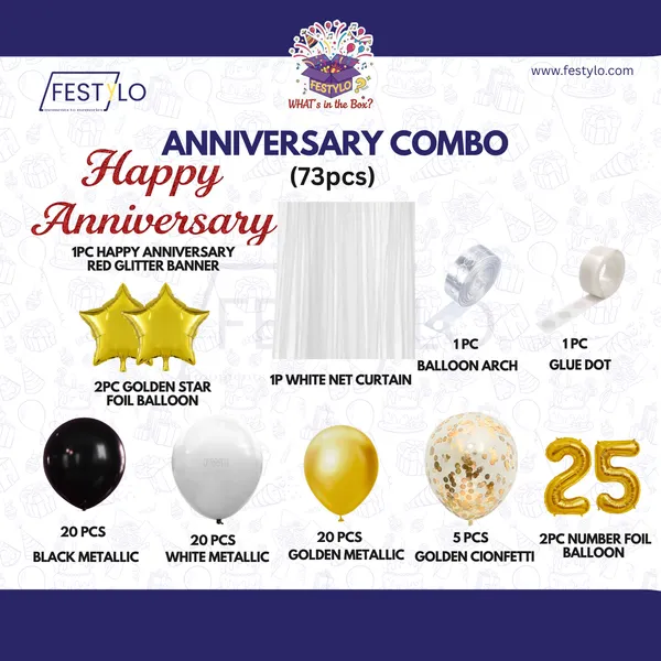 25th_Anniversary_Decoration_Combo_Kit_73_Pcs_Black_White_Gold_Theme_With_Curtain_Backdrop