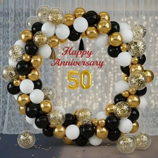 50th_Anniversary_Decoration_Combo_Kit_73_Pcs_Golden_Jubilee_Black_White_Gold_Theme_With_Curtain