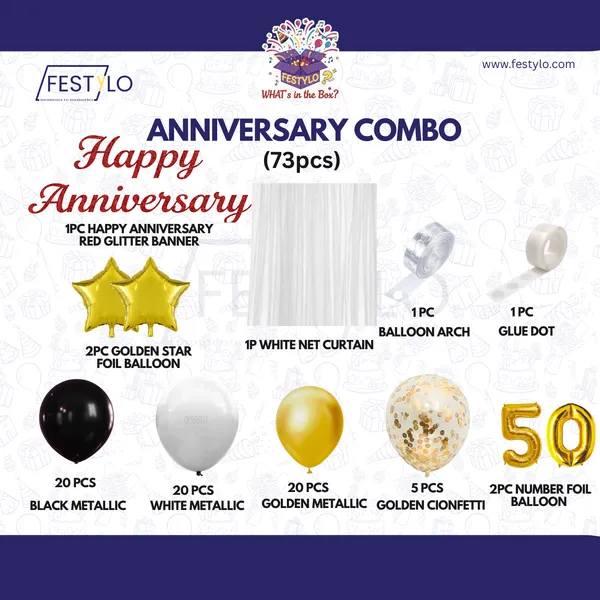 50th_Anniversary_Decoration_Combo_Kit_73_Pcs_Golden_Jubilee_Black_White_Gold_Theme_With_Curtain