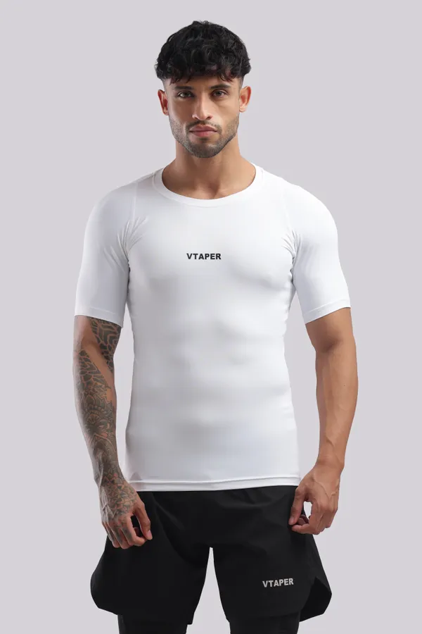 White_Polyster_Drfyfit_Compression_Half_Selvess_T_Shirt_For_Men