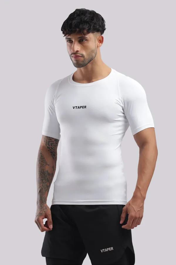 White_Polyster_Drfyfit_Compression_Half_Selvess_T_Shirt_For_Men