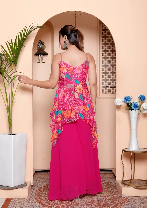 Pink_Floral_Embellished_Asymmetric_Overlay_Dress_With_Palazzo_Set