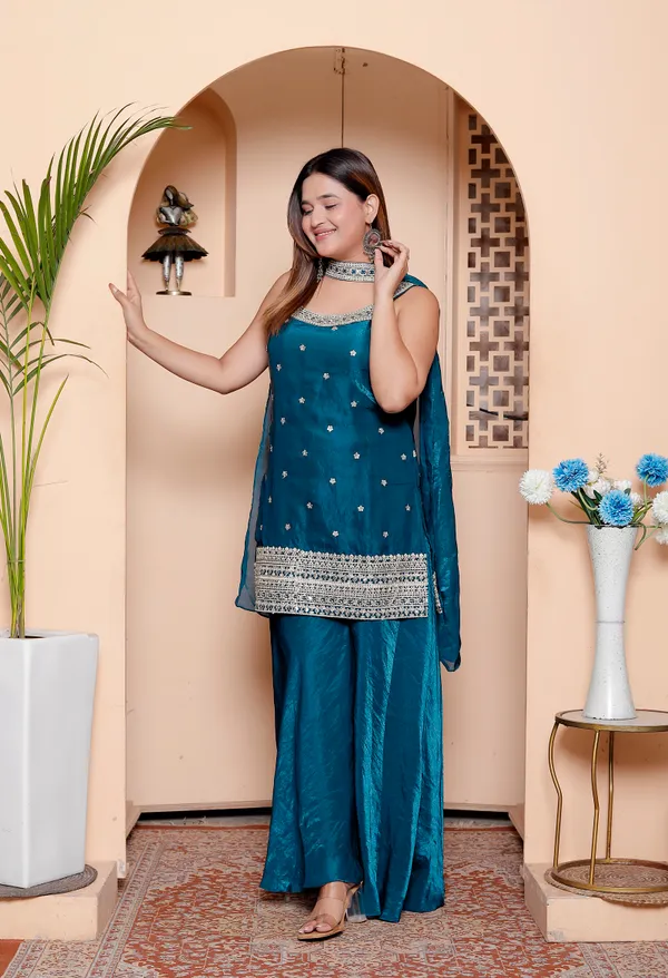 Teal_Blue_Embellished_Ethnic_Suit_Set_With_Palazzo_And_Dupatta