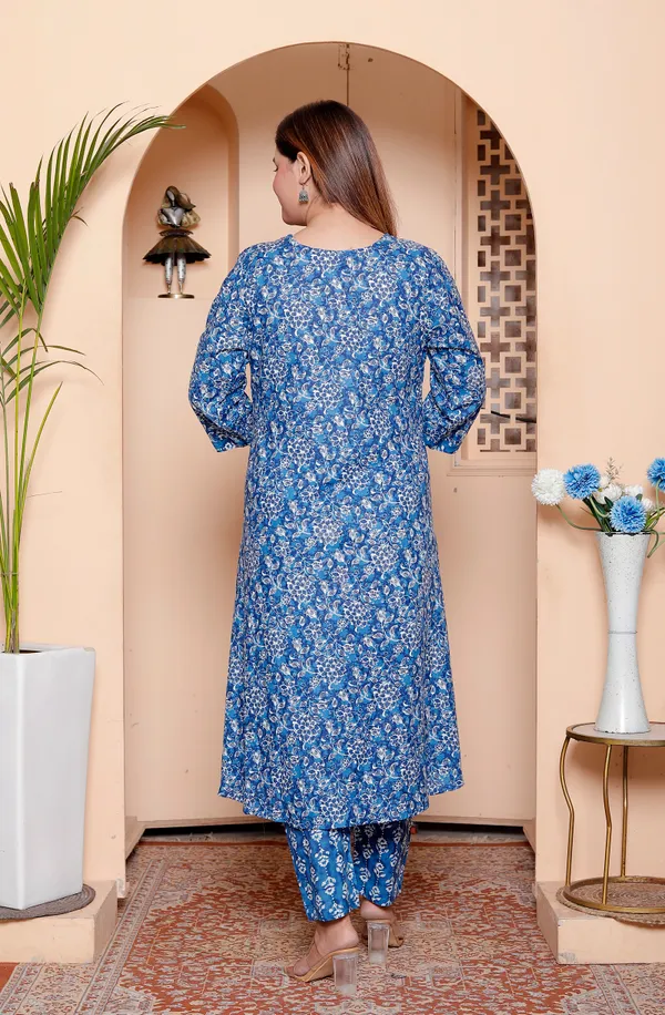 Blue_Floral_Print_Cotton_Kurta_Pant_Set_For_Women