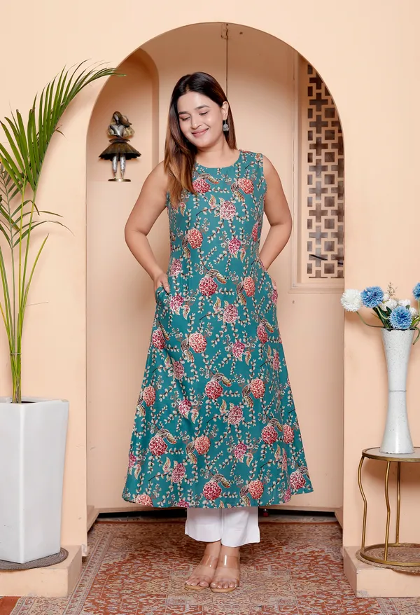 Womens_Teal_Floral_Printed_Sleeveless_A_Line_Maxi_Dress/Kurta