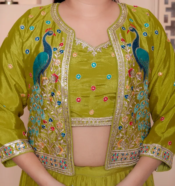 Olive_Green_Embroidered_Crop_Top_With_Skirt_And_Jacket_Set_With_Peacock_Motif_Jacket