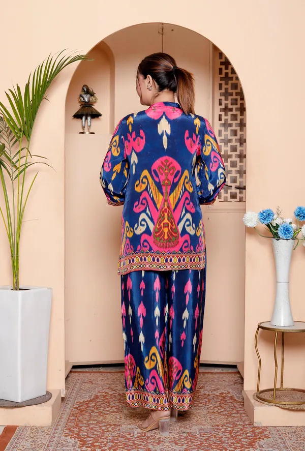 Womens_Vibrant_Ikat_Print_Co-Ord_Set_Navy_Blue_With_Pink_&_Yellow_Motifs