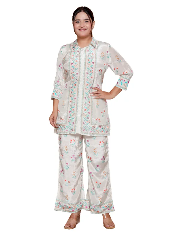 Womens_Floral_Print_Cotton_Party_Wear_Co-Ord_Set_White_With_Multicolor_Flowers