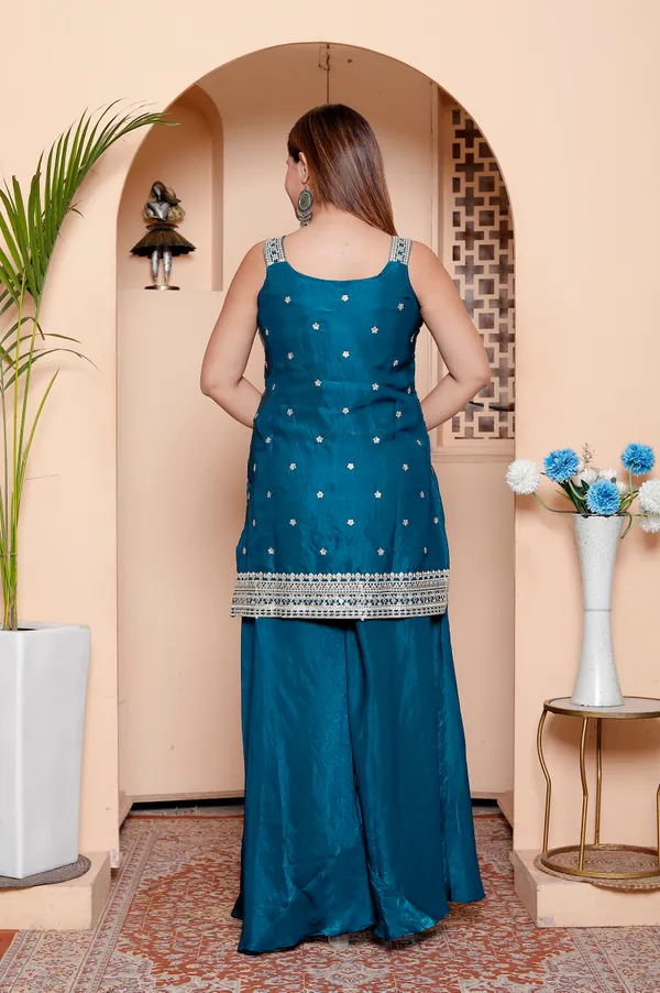 Teal_Blue_Embellished_Ethnic_Suit_Set_With_Palazzo_And_Dupatta
