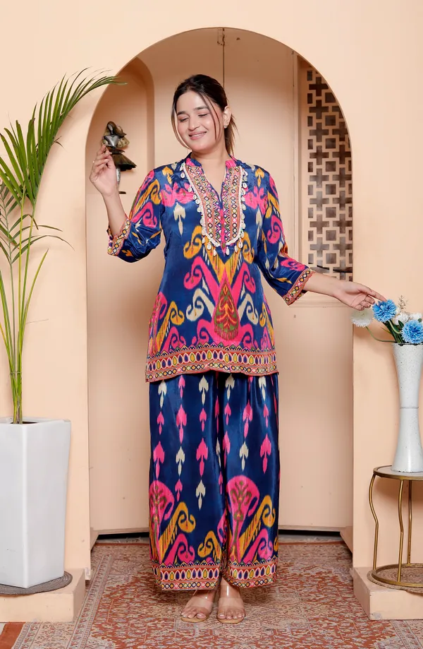 Womens_Vibrant_Ikat_Print_Co-Ord_Set_Navy_Blue_With_Pink_&_Yellow_Motifs