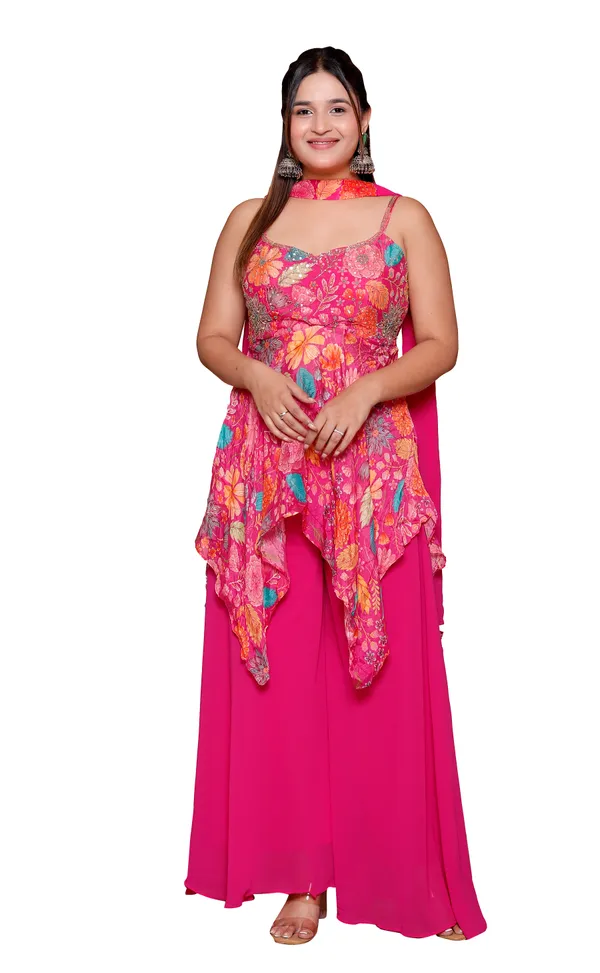 Pink_Floral_Embellished_Asymmetric_Overlay_Dress_With_Palazzo_Set