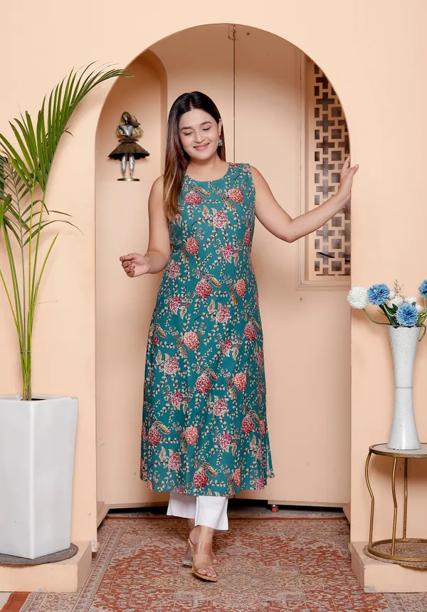 Womens_Teal_Floral_Printed_Sleeveless_A_Line_Maxi_Dress/Kurta