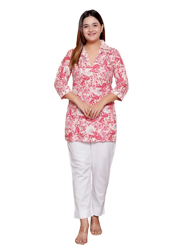 Womens_Pink_Floral_Print_Cotton_Short_Kurti_With_V_Neck_And_3/4_Sleeves