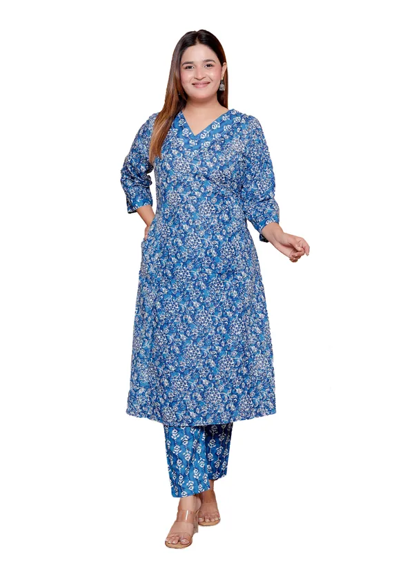 Blue_Floral_Print_Cotton_Kurta_Pant_Set_For_Women