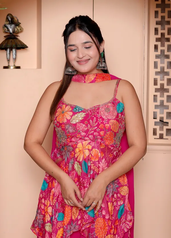 Pink_Floral_Embellished_Asymmetric_Overlay_Dress_With_Palazzo_Set