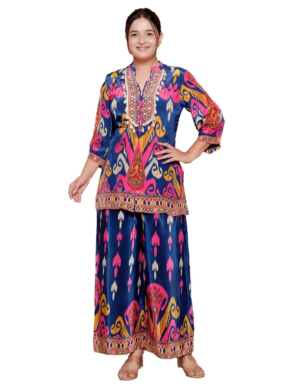 Womens_Vibrant_Ikat_Print_Co-Ord_Set_Navy_Blue_With_Pink_&_Yellow_Motifs