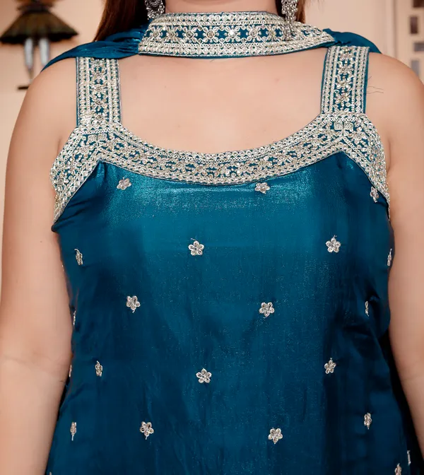Teal_Blue_Embellished_Ethnic_Suit_Set_With_Palazzo_And_Dupatta