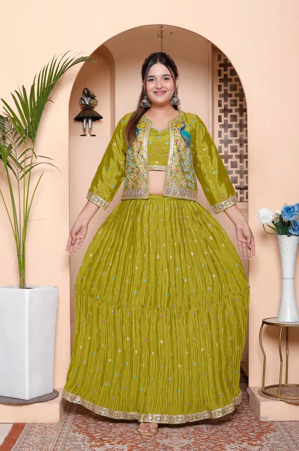 Olive_Green_Embroidered_Crop_Top_With_Skirt_And_Jacket_Set_With_Peacock_Motif_Jacket