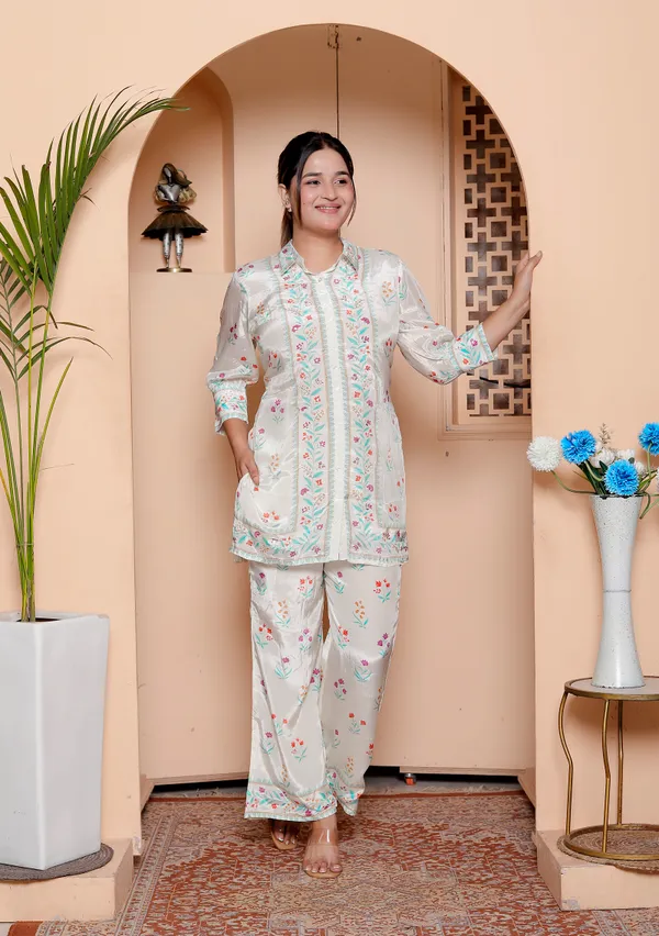 Womens_Floral_Print_Cotton_Party_Wear_Co-Ord_Set_White_With_Multicolor_Flowers