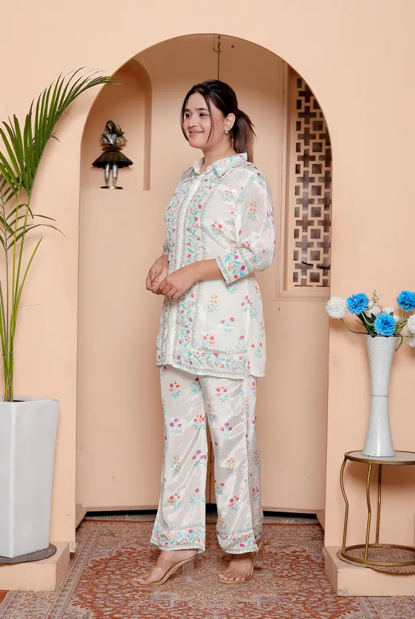 Womens_Floral_Print_Cotton_Party_Wear_Co-Ord_Set_White_With_Multicolor_Flowers