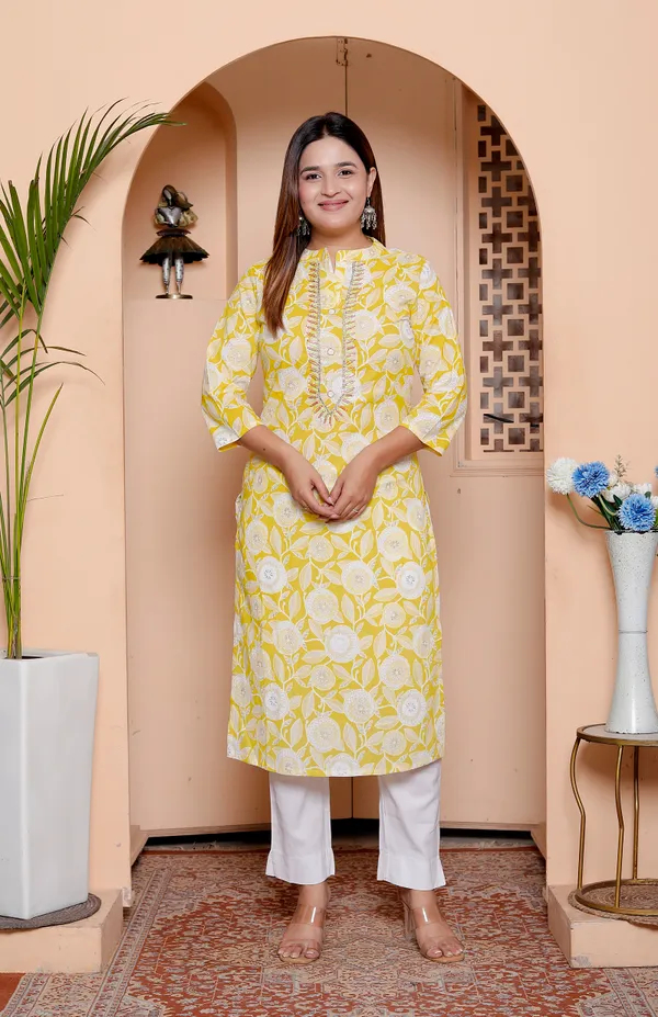 Yellow_Floral_Print_Womens_Kurta_With_Embroidered_Neckline