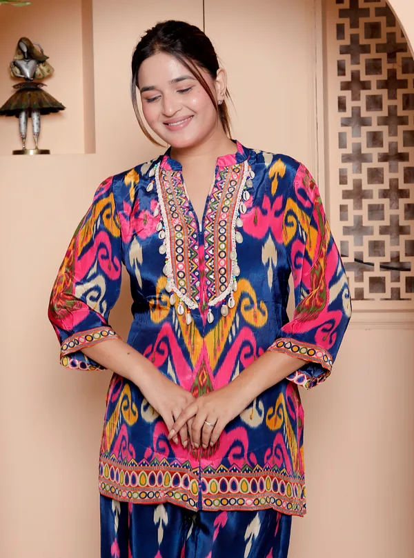 Womens_Vibrant_Ikat_Print_Co-Ord_Set_Navy_Blue_With_Pink_&_Yellow_Motifs