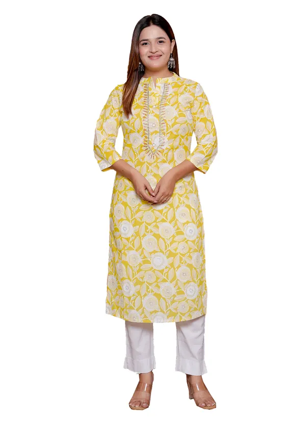 Yellow_Floral_Print_Womens_Kurta_With_Embroidered_Neckline