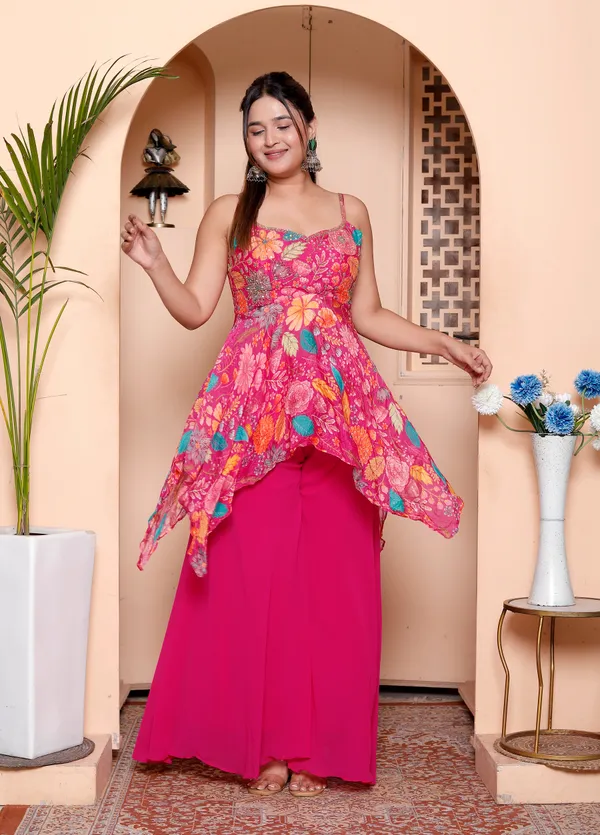 Pink_Floral_Embellished_Asymmetric_Overlay_Dress_With_Palazzo_Set
