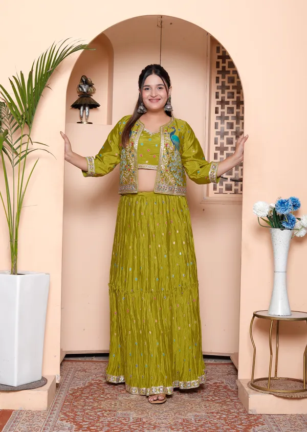 Olive_Green_Embroidered_Crop_Top_With_Skirt_And_Jacket_Set_With_Peacock_Motif_Jacket