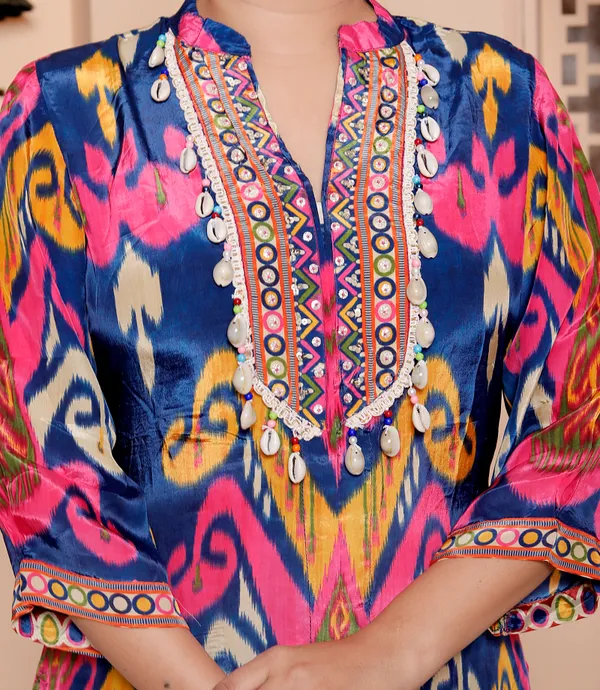 Womens_Vibrant_Ikat_Print_Co-Ord_Set_Navy_Blue_With_Pink_&_Yellow_Motifs
