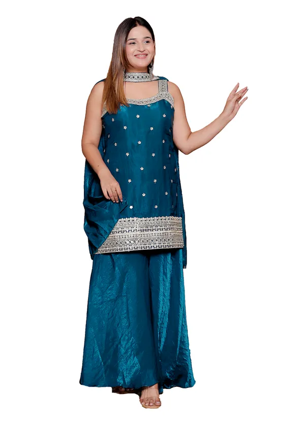 Teal_Blue_Embellished_Ethnic_Suit_Set_With_Palazzo_And_Dupatta